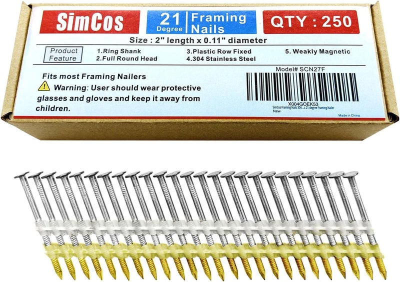 SimCos Framing Nails 304 Stainless Steel 21° Full Round Head Nail 21 Degree Ring Shank Nail for Pneumatic, Electric 21 degree Framing Nailer (2" - 250 pcs) - Image 1